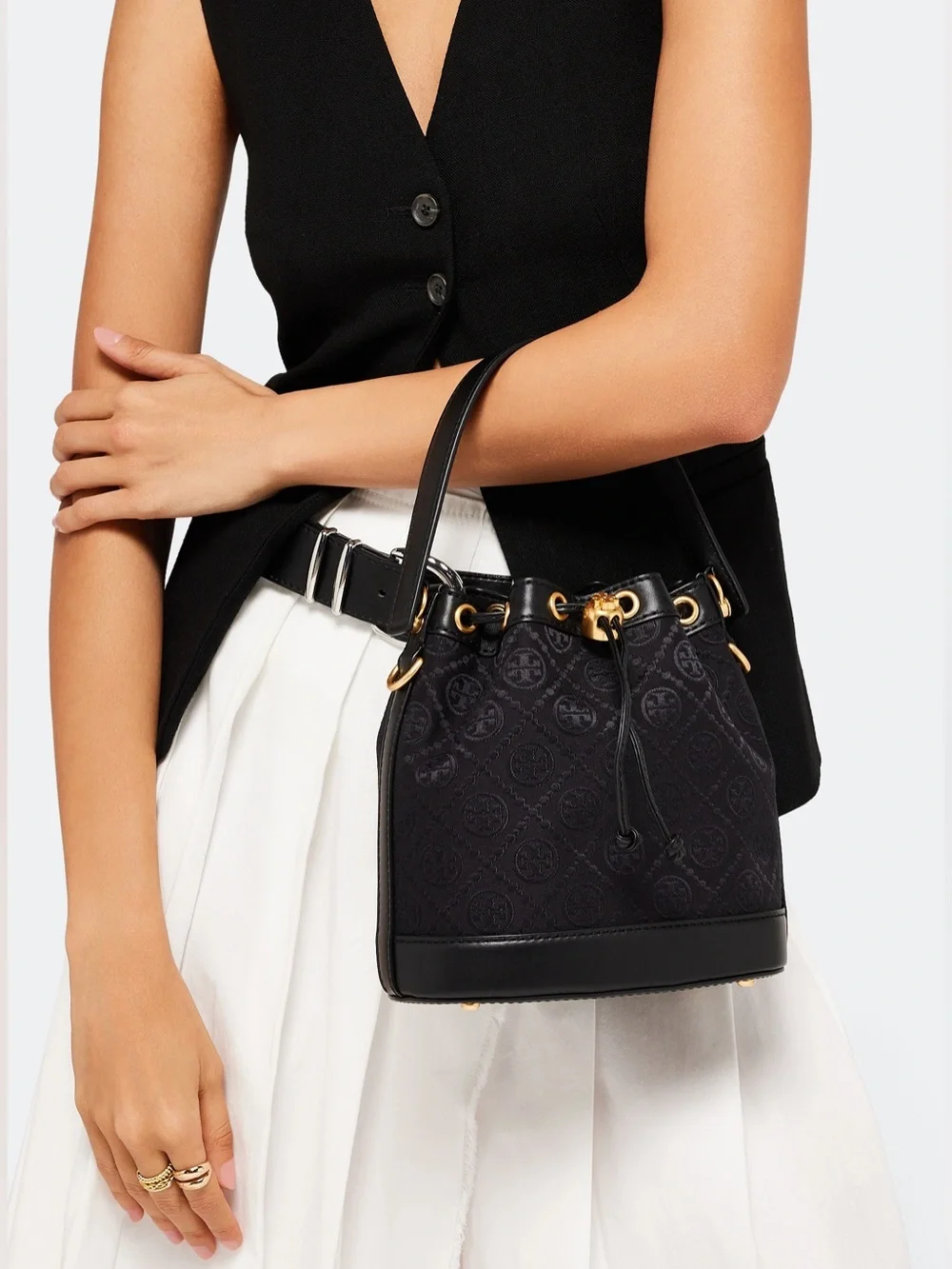 TORY BURCH T Monogram Jacquard Mini Bucket Bag Black Crossbody